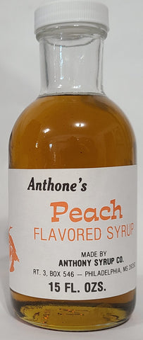 Anthone's Peach blended Syrup in a 12 Fluid Oz Glass Bottle