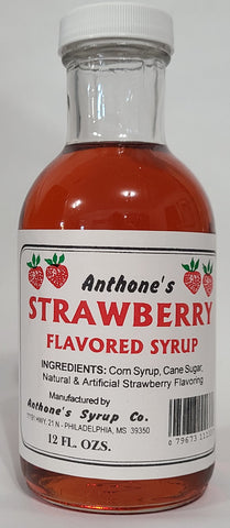 Anthone's Strawberry blended Syrup in a 12 Fluid Oz Glass Bottle